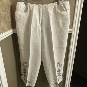 Larry Levine Linen Blend Embroidered Sequined‎ White Pants With Flowers Size 14